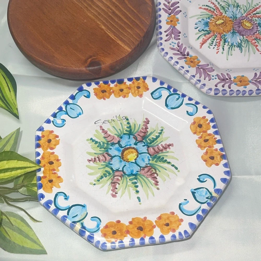 Set of 3 Hand-Painted Sevilla Spain Plates – Hecho a Mano – Octagon Floral